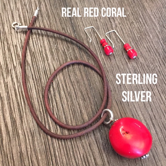 Sterling Silver Jewelry - Red Coral Cord Necklace & Sterling Earrings
